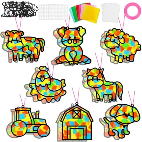 QOUBAI 32 Sets Farm Animals Suncatchers Craft Kit DIY Window Stained Glass Effect Cow Horse Chicken Paper Craft Home School Classroom Decoration Kid Birthday Gift Creative Art Project Activity Game by QOUBAI