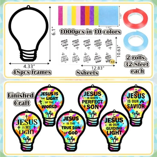 48PCS Sunday School VBS Crafts Bulk: Paper Lightbulb Cross Nativity Suncatchers, Religious Christian Activity DIY Kits Church Decorations, Window Stained Glass Effect Art Supplies(Jesus Style) - Image 4