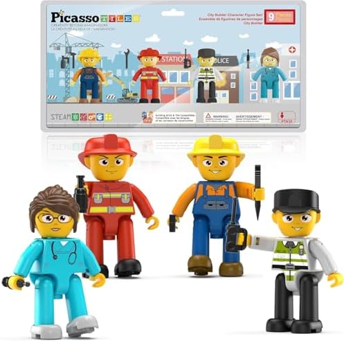 Picasso Toys Magnetic Character Action Figures 4 Piece for Building Block Tile Toddler Toy Set Magnet Expansion Pack Age 3 and up Fireman, Nurse, Police, Constructions Learning Pretend Playset PTA17 by PicassoTiles