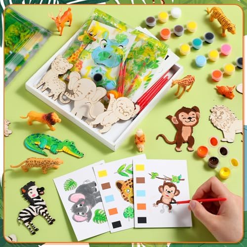 Pasimy 162 Pcs Safari Party Favors Jungle Craft Kits Party Supplies Jungle Animals Wooden Painting Kit Watercolor Cards Wooden Cutouts Goodie Bag for Wild Theme Birthday DIY Project Activities(Safari) - Image 4