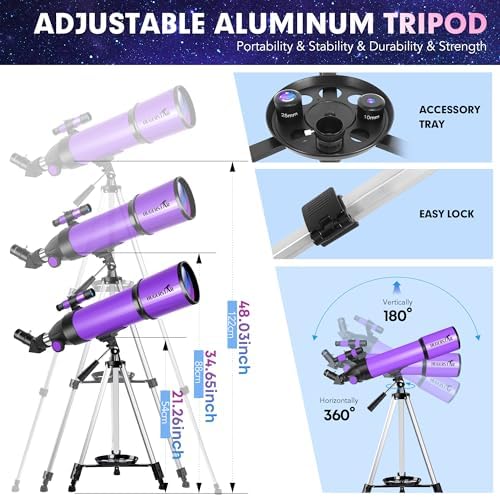 Telescope, Telescope for Adults & Kids & Astronomy Beginners, 80mm Aperture 600mm Portable Refractor Telescopes FMC Optics with AZ Mount Tripod, Phone Adapter, Moon Filter and Carrying Bag - Image 4