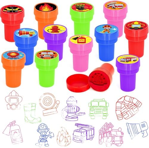Cinrobiye 24 Pcs Fire Truck Stampers Party Favor Set, Cute Firefighter Truck Stamps for Kids Birthday Party, Classroom Rewards, Carnival Prizes, Goody Bag Fillers, Fire Safety Party Supplies by Cinrobiye