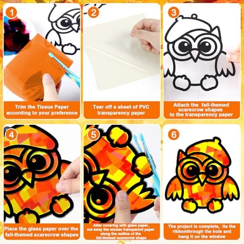 QOUBAI 32 Sets Fall Owl Suncatchers Craft Kit DIY Window Stained Glass Effect Autumn Owl Paper Crafts Home School Classroom Decoration Kid Birthday Gift Creative Art Project Activity Game - Image 3