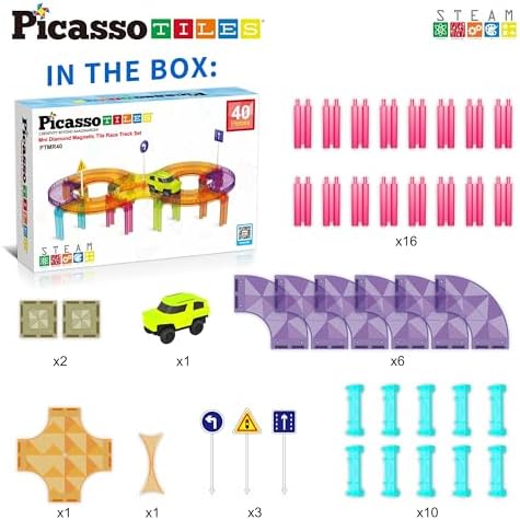 PicassoTiles Race Car Track Magnetic Tiles Travel Toy Sensory Magnet Tile Toys for Toddlers STEM Educational Learning Montessori Play Construction Building Blocks Kids Boys Girls Ages 3+ PTMR40 - Image 4