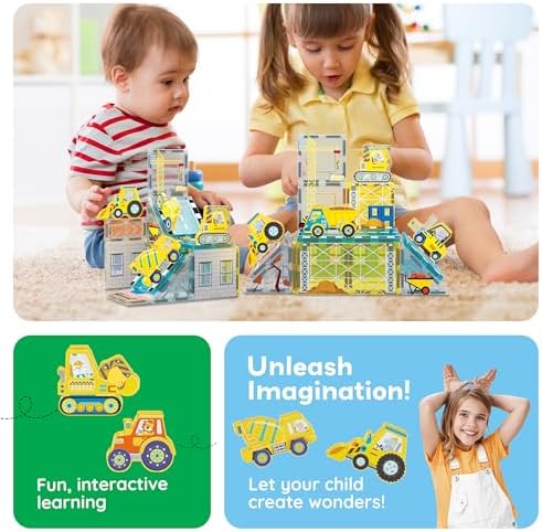 PicassoTiles Magnet Tiles Magnetic Building Blocks with 8 Construction Vehicles Crank Truck Excavator Bulldozer Road Roller Concrete Mixer Tractor Dump Truck Forklift Toys Learning Kids Ages 3+ PTQ11 - Image 5