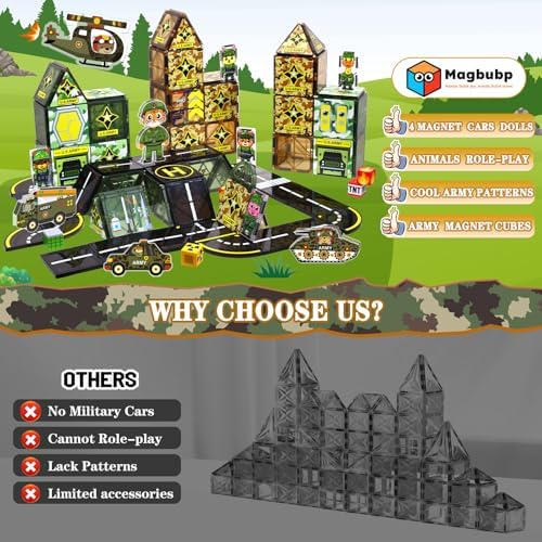 63Pcs Army Toys Magnetic Tiles Building Blocks Set with 5 Military Cars Men - Image 2