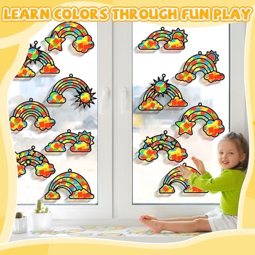 QOUBAI 32 Sets Rainbow Suncatchers Craft Kit DIY Window Stained Glass Effect Planet Rainbow Sun Paper Crafts Home School Classroom Decoration Kid Birthday Gift Creative Art Project Activity Game - Image 5