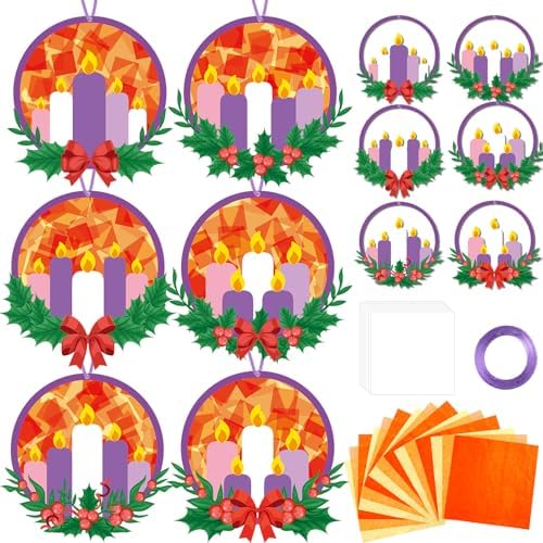 Qyeahkj 36 Set Christmas Advent Wreath Suncatchers Crafts for DIY Advent Candle Tissue Paper Craft Kit Hanging Decor for Xmas Holiday Home Activity Art Project Birthday Party Favor Gift by Qyeahkj