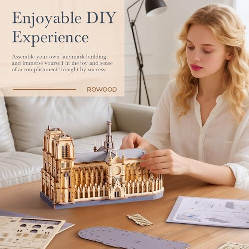 Rowood 3D Puzzles for Adults,Wooden Architecture DIY Model Kit Building Set for Adults, Notre-Dame de Paris Cathedral and Castle Collection,Birthday for Women Friends - Image 4