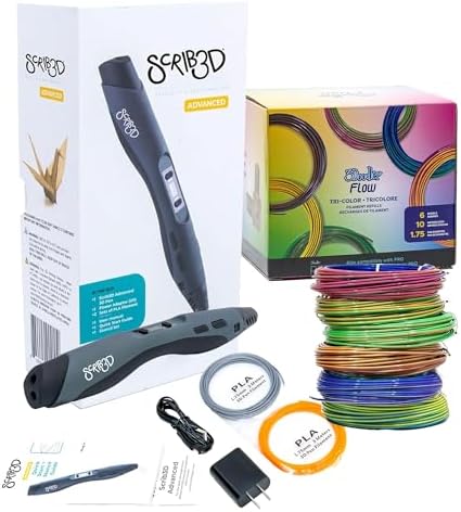 SCRIB3D Advanced 3D Printing Pen Bundle with 6 Spools of Tri-Color PLA Filament – Includes 3D Pen, 3 Starter Filaments, Stencil Book, and 200 feet of Vibrant PLA Filament for Creativity in 3D by SCRIB3D
