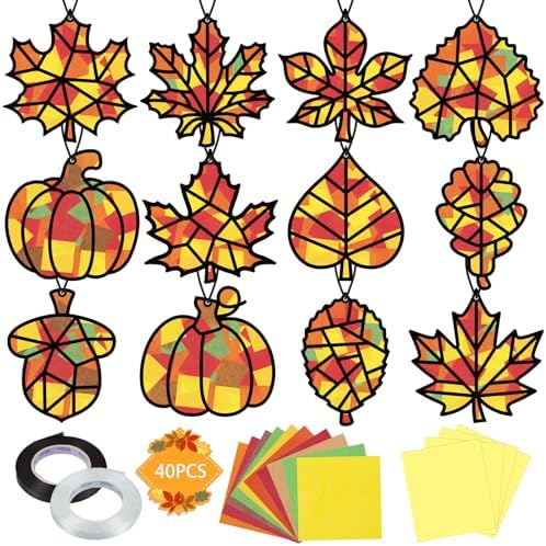 Renbuzhu 40PCS Fall Crafts Bulk: Leaves Pumpkins Paper Suncatchers DIY Kit for Autumn Thanksgiving Activities Decorations, Window Stained Glass Effect Art Supplies(Black Frame) by Renbuzhu