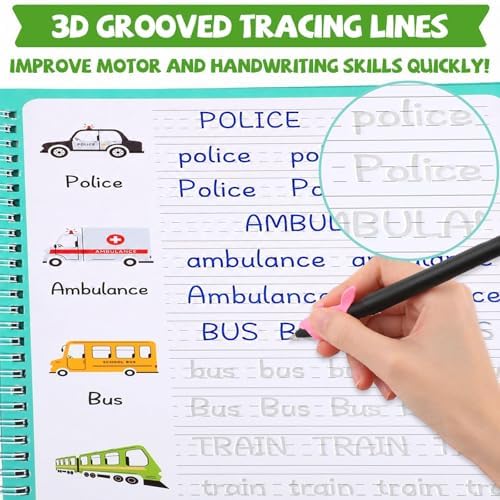 Magic Grooved Writing Practice Books for Kids 3-10, Large Reusable Handwriting Workbooks with Disappearing Ink, 3D Tracing Book Toy Gifts for Kindergarten Summer Workbook Preschool Learning Activities - Image 5
