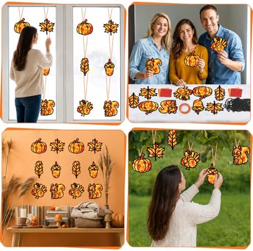 Qyeahkj 36 Set Fall Suncatchers Crafts for Kids DIY Autumn Leaf Pumpkin Acorn Squirrel Window Tissue Paper Craft Kit Hanging Decor for Home Activity Art Project Birthday Party Favor Gift - Image 6