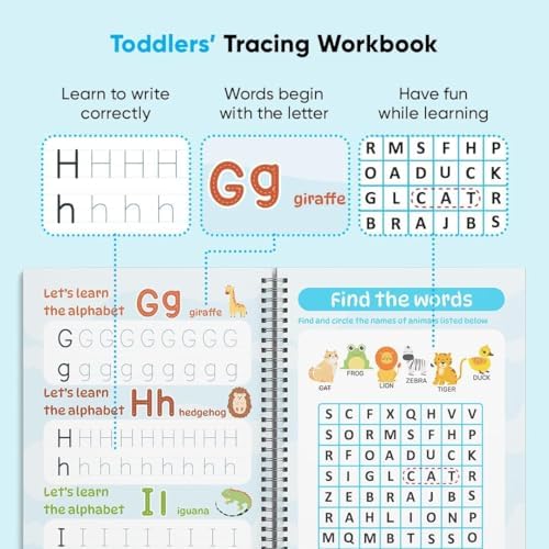 Kiddospace Magic Grooved Writing Practice for Kids Ages 3-8 - 4 Large Reusable Handwriting Workbooks - Alphabet, Numbers, Math & Drawing - Grooved Tracing Books with Disappearing Ink Pen Included - Image 6