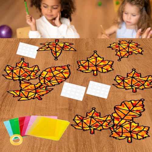 32 Sets Fall Leaf Suncatcher Craft for Kids Thanksgiving Maple Leaf DIY Art - Image 5
