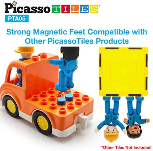 PicassoTiles Magnetic Figures 5 Piece Vehicle and Action Figure Set Including School Bus, Car, Truck and 2 Drivers Magnet Expansion Pack Toddler Toy Kit Pretend Playset for Construction Building Block - Image 5