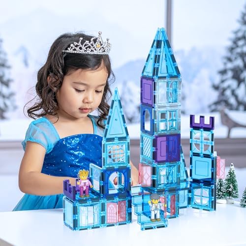 PicassoTiles 72 Piece Magnetic Building Tiles Castle Winter Ice Theme Construction Magnet Block Set with Princess Prince Character Stairs Windows Doors STEM Learning Educational Toy Kids Ages 3+ PT72 - Image 2