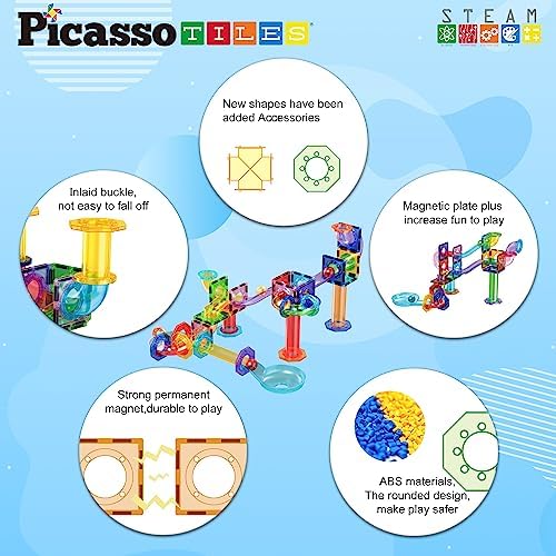 PicassoTiles Marble Run 60 Piece Race Track Magnetic Tiles Magnet Building Block Educational Construction Toy Set Playset STEM Learning Kit Child Brain Development HandEye Coordination Training PTG60 - Image 5