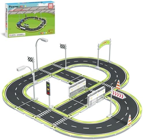 PicassoTiles Magnet Tile Building Block Construction Toy Set Street Sign Traffic Kit Highway Road Race Track with Bumper Barricade Accessory Sticker Education Magnetic Tiles Kids Age 3+ PTR03 by PicassoTiles