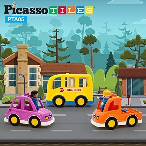 PicassoTiles Magnetic Figures 5 Piece Vehicle and Action Figure Set Including School Bus, Car, Truck and 2 Drivers Magnet Expansion Pack Toddler Toy Kit Pretend Playset for Construction Building Block - Image 3
