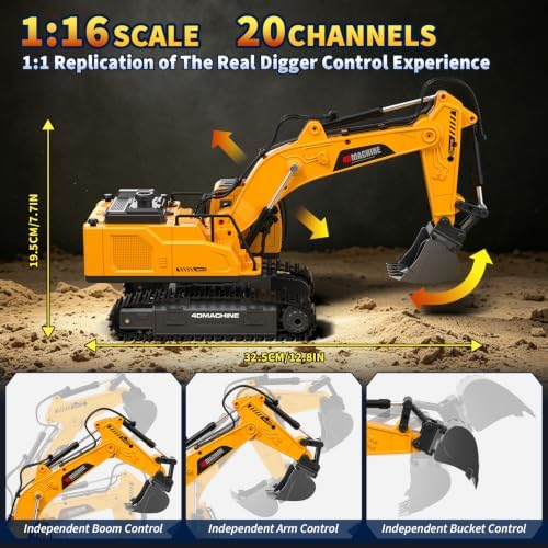 3-in-1 Remote Control Excavator Toy, 20 Channel 1:16 RC Excavator for Boys - Image 4