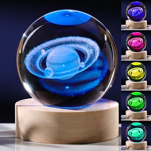 3D Saturn Crystal Ball with LED Colorful Lighting Touch Base, Saturn Decor Science Astronomy Gifts God Bless The World Easter Religious Space Gifts Decor by Unknown