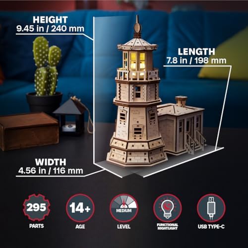 Ugears Split Rock Lighthouse, 3D Puzzle, 9.45-inch Height, Brown - Image 3