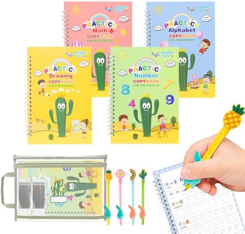 Premium Grooved Handwriting Practice for Kids, Reusable Children's Magic Copybook with Pencil Grips and Pouch, Large Size Calligraphy Workbooks Kit for Pre-School, Kindergarten(30 Refills) by PracticeJQDEN
