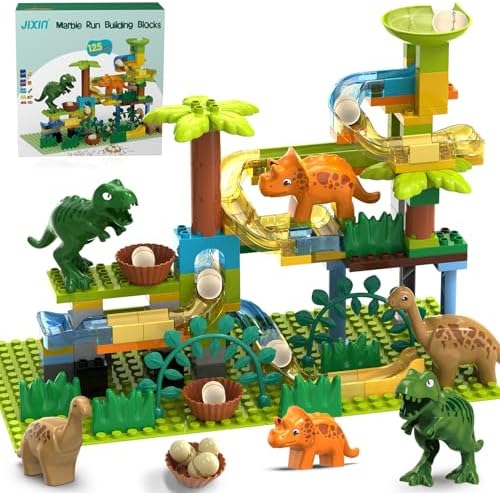 JIXIn Dinosaur Marble Runs for Kids 4-8/Building Blocks Compatible with DUPLO LEGO Sets/Marble Run for Kids Ages 3-5/125 PCS Classic Big Blocks Montessori Learning STEM Toys for Kid Age 3+ by JIXInSTEMBUILDINGBLOCKSTOYS