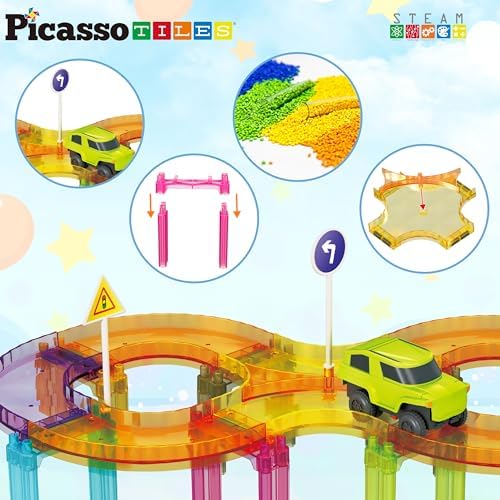 PicassoTiles Race Car Track Magnetic Tiles Travel Toy Sensory Magnet Tile Toys for Toddlers STEM Educational Learning Montessori Play Construction Building Blocks Kids Boys Girls Ages 3+ PTMR40 - Image 5