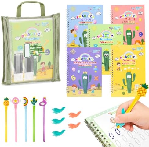 Large Reusable Grooved Handwriting Practice Workbooks for Kids Ages 3-8 Magic Disappearing Ink & 3D Groove Preschool Kindergarten Children Writing Books 5-Book Set with Pen Grips by PracticeJQDEN