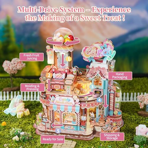 Tonecheer 3D Wooden Puzzle for Adults- Candy Workshop, Mechanical Transmission Model Kit, Dynamic DIY Building Set with Music & Lights, Miniature House Kit Ideas - Image 5