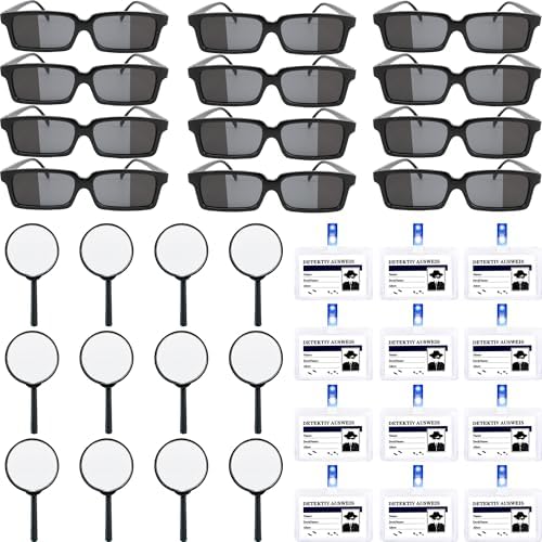 36 Pcs Kids Spy Kit Detective Toy Set Including 12 See Behind You Sunglasses 12 Secret Agent Name Tags 12 Black detective Mmagnifying Glass for Spy FBI Cosplay Escape Room Detective Party Supplies by Octaday