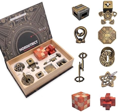 9PCS Metal Brain Teaser Puzzle Set, 3D Disentanglement Interlocking IQ Brain Puzzles for Adults & Teens, Fidget Desk Toy, Stress Relief Gift for Birthday, Christmas, Holiday & Family Party by NORDISTRICT