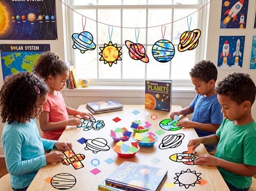 Renbuzhu 48PCS Solar System Space Paper Suncatchers DIY Project Kits, Back to School Window Stained Glass Effect Art Supplies for Party - Image 5