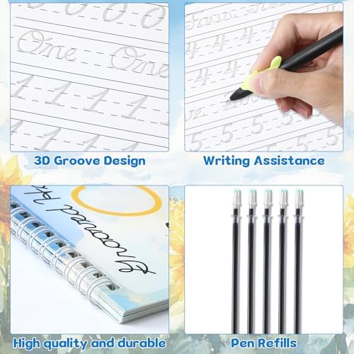 chiazllta Grooved Cursive Handwriting Workbook with Disappearing Ink Pens Magic Reusable Grooved Cursive Writing Practice for Beginners Kids Kickoff Student Workbook Homeschooling Supplies (Number) - Image 3