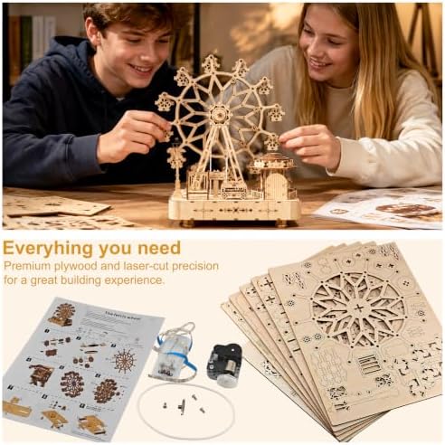 3D Wooden Puzzle for Adults, Ferris Wheels Music Box Model Kits with Light - Image 3