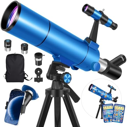 Portable 80mm Refractor Telescope for Adults & Kids, 500mm Focal Length, 20X-150X Magnification, Astronomy Starter Kit with Phone Adapter, Backpack & Stickers – Perfect for Stargazing Adventures by Unknown