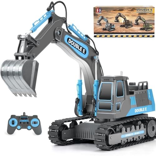DOUBLE E Remote Control Excavator Toy RC Excavators Rechargeable Battery Digger Hydraulic Construction Toys Vehicles Xmas Gift for Boys Girls Kids 3-14 Years，Gray-Blue by DOUBLEE