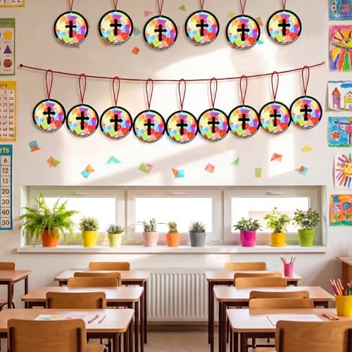 48PCS Sunday School VBS Crafts Bulk: Paper Cross Nativity Suncatchers, Jesus Religious Christian Activity DIY Kits Church Decorations, Window Stained Glass Effect Art Supplies(Round Shape) - Image 2
