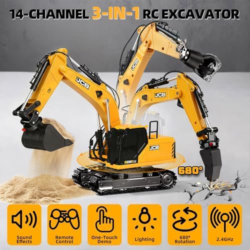 BRRRRT 3-in-1 Remote Control Excavator,14-Channel RC Excavator with Drill Bit, Grab Bucket & Digging Hook, JCB Official Licensed 14-Inch Construction Vehicles with Lights & Sounds for Kids Ages 3+ - Image 4
