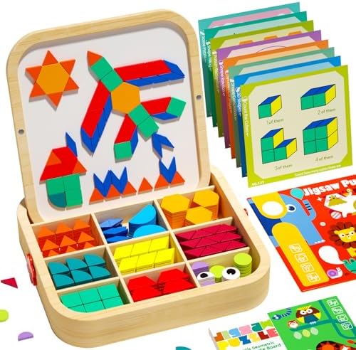 Wooden Magnetic Pattern Blocks Set with Cards, 288 PCS Montessori Tangram Puzzle Learning Toys for Toddlers 4-8, Educational STEM Gift for Kids Boys Girls 4 5 6 7 8 by EDUTREE