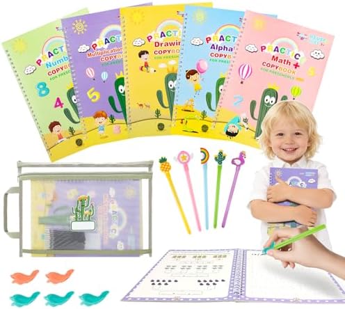 Reusable Grooved Handwriting Practice Workbooks for Kids Ages 3-8 – Magic Disappearing Ink & 3D Groove – Preschool Kindergarten Children Writing Books with Pen Grips by PracticeJQDEN