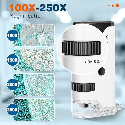 100x-250x Pocket Microscope for Kids Adults, Protable Handheld Miniscope, Mini Microscope Kit for Kids Adults Home School Lab Biology Science Education, White - Image 2