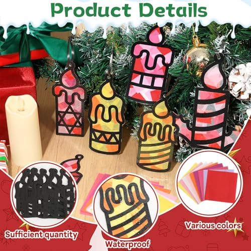 Qyeahkj 36 Set Winter Christmas Candle Suncatchers Crafts Kit Xmas Religion DIY Colorful Window Tissue Paper Craft Christian Holiday Hanging Ornaments Window Art Decor for Christmas Winter Home Gift - Image 3