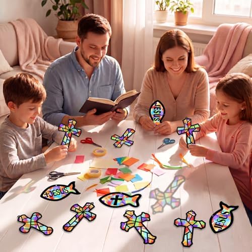 Renbuzhu 48PCS Sunday School VBS Crafts Bulk: Paper Cross Fish Nativity Suncatchers, Jesus Religious Christian Activity DIY Kits Church Decorations, Window Stained Glass Effect Art Supplies - Image 3
