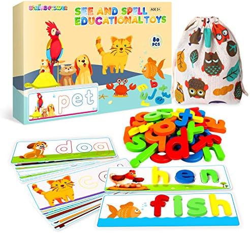 SpringFlower See & Spell Matching Letter Toy,Learning Educational Toy For 3 4 5 6 Years Old Boys And Girls,Preschool Learning Activities,Shape & Color Recognition Game,Cvc Word Builders For Kids,80Pcs by SpringFlower