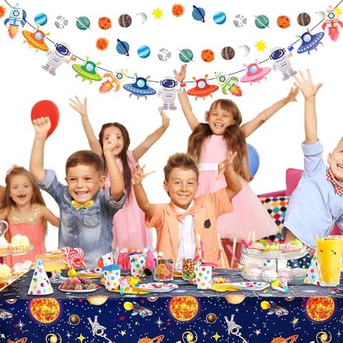 Outer Space Party Decorations - Space Theme Supplies with Happy Birthday Banner Solar System Tablecloth for Galaxy Party Decor (Tablecloth+Flag Banner) - Image 4