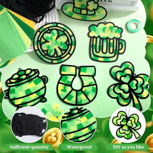 Qyeahkj 36 Set St. Patrick's Day Suncatchers Crafts for DIY Shamrock Window Tissue Paper Craft Kit Hanging Decor for St. Patrick's Day Home Activity Art Project Birthday Party Favor - Image 3