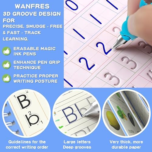 Magic grooved writing practice book set|18-in-1(4 grooved books, 2pens, 2 grip corrector, 10 disappearing ink refill), Grooved handwriting practice for kids|Grooved writing books for kids 3-5. - Image 3